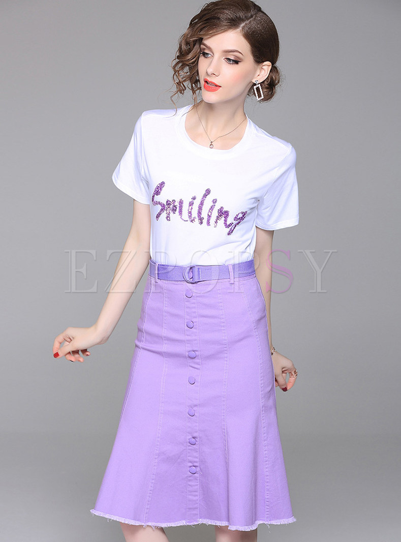 White Letter Pattern T-shirt & Purple A Line Skirt