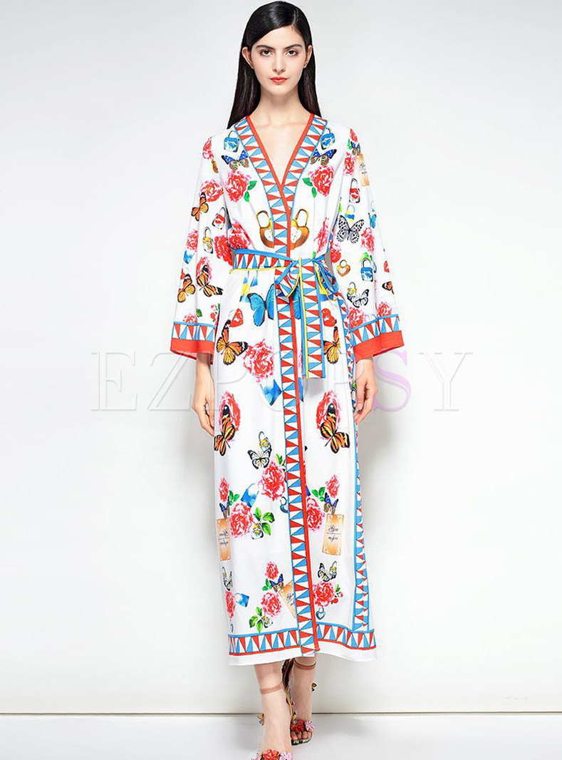 Butterfly Flower Print V-neck Maxi Dress