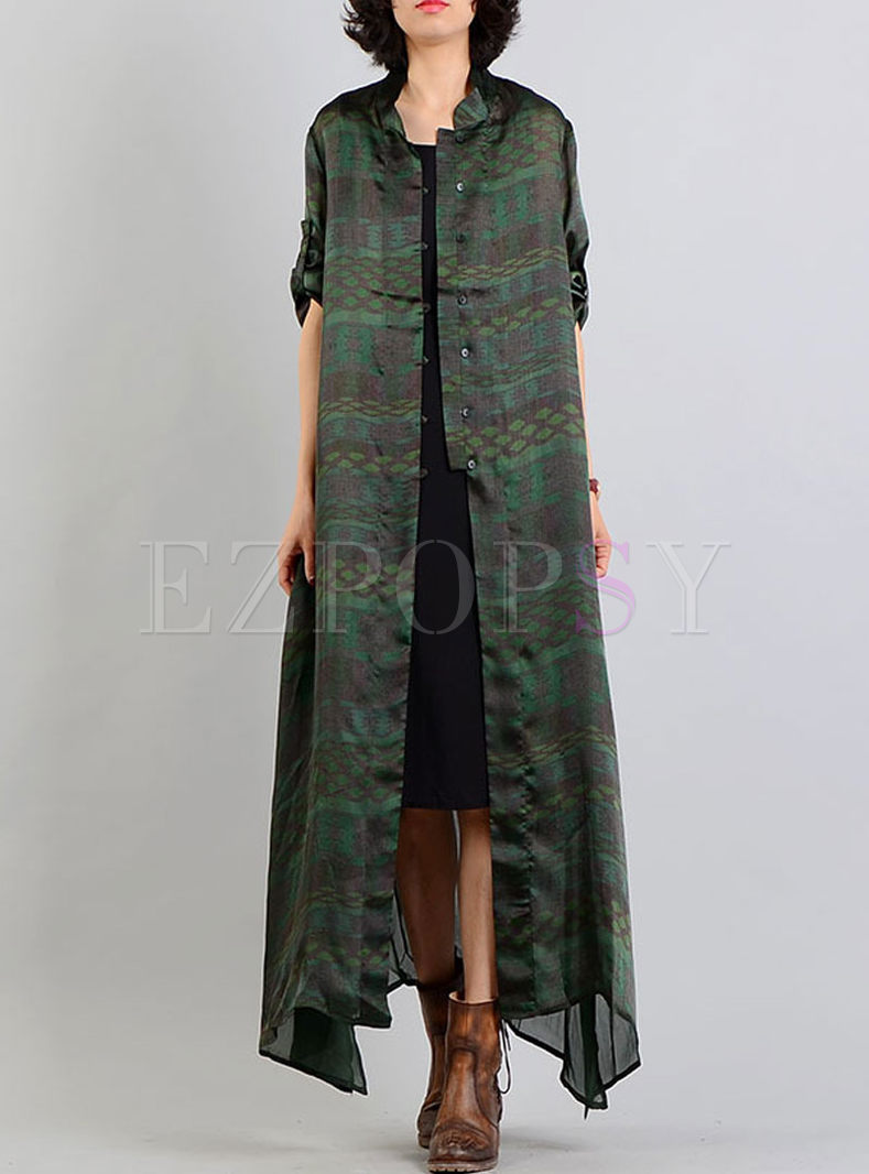 Green Silk Stand Collar Vintage Long Coat Without Camis
