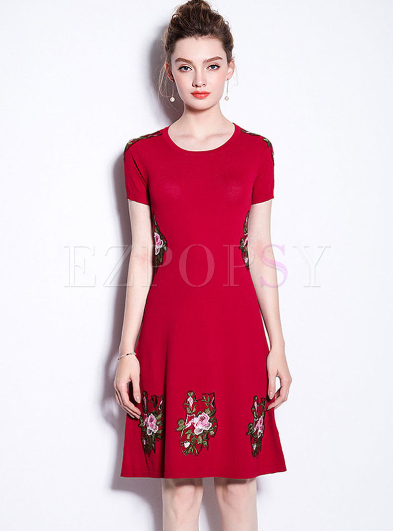 Red Elegant Embroidered Skater Dress