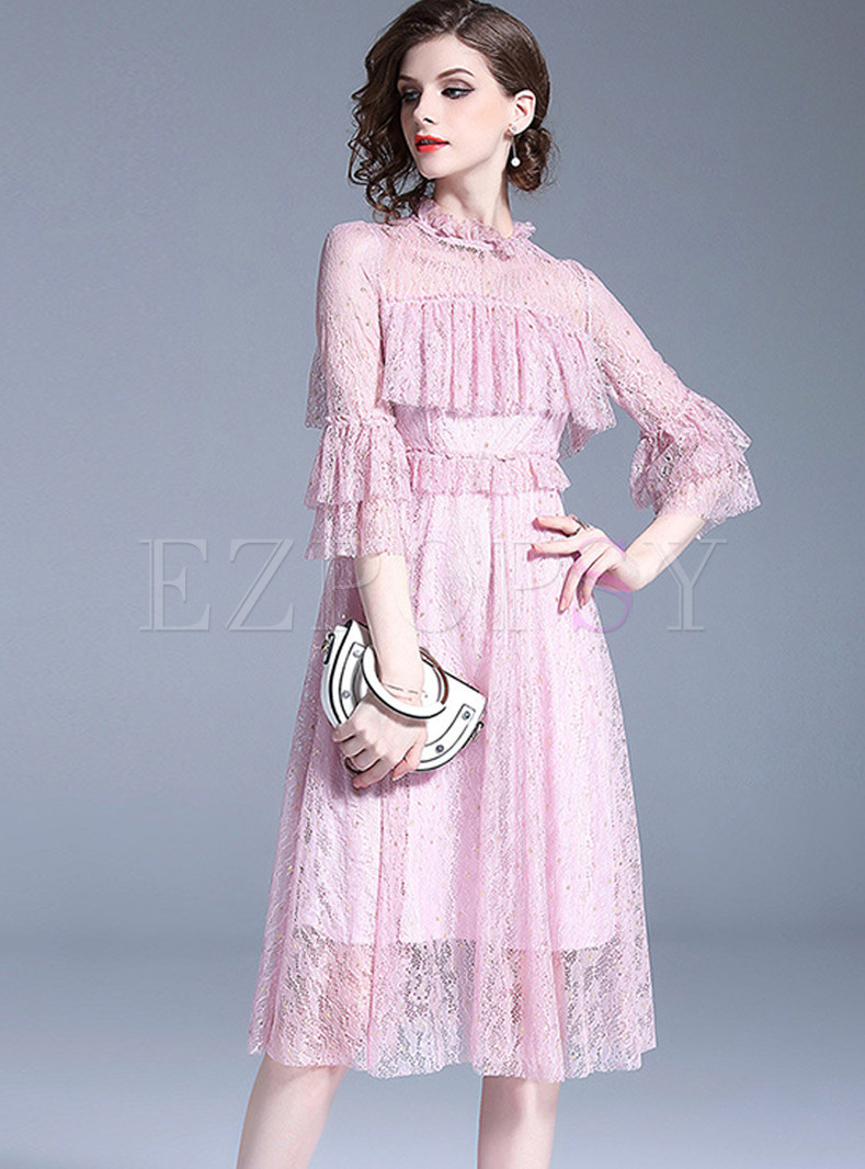 Pink Stringy Selvedge Ruffle Sleeve Midi Dress