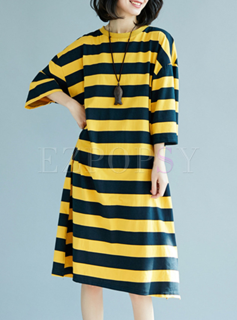 Stylish Loose Striped Slit T-shirt Dress