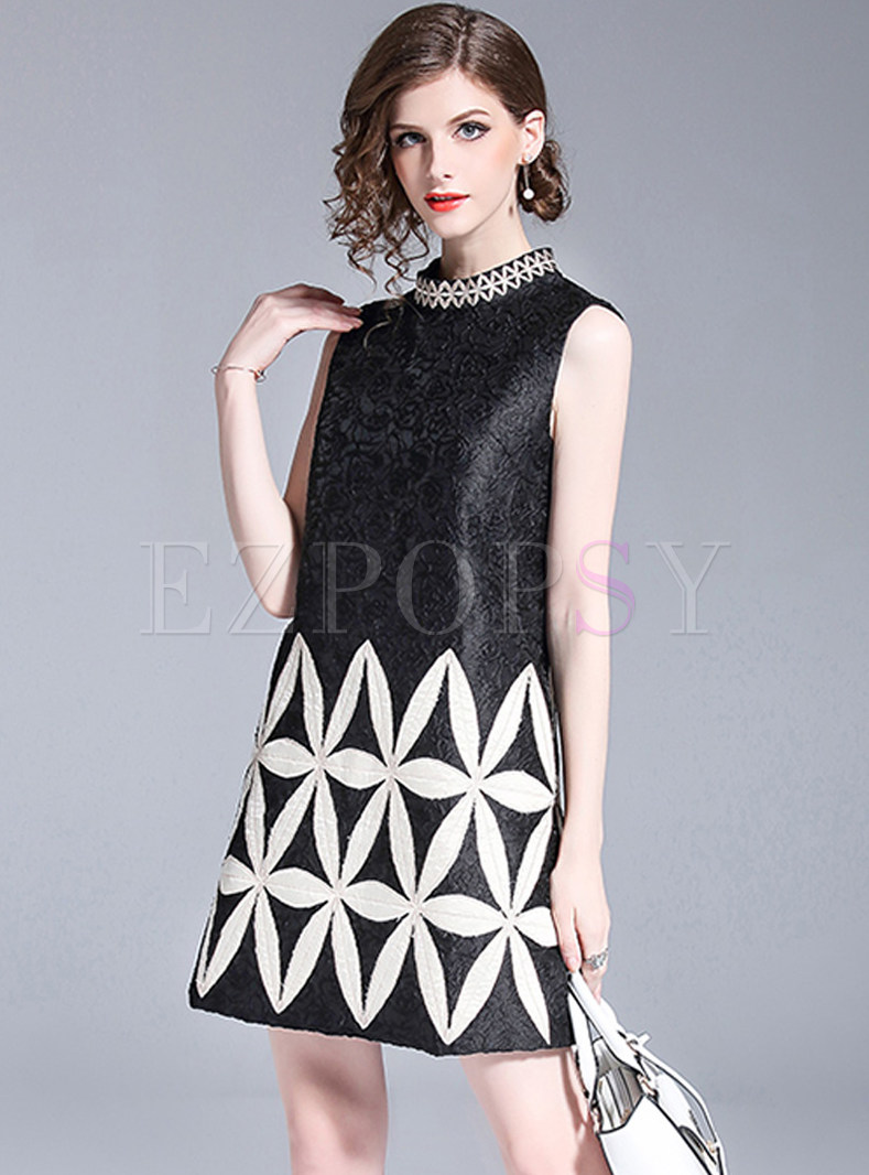 Dresses | Shift Dresses | Black Jacquard Embroidered Sleeveless Short Dress