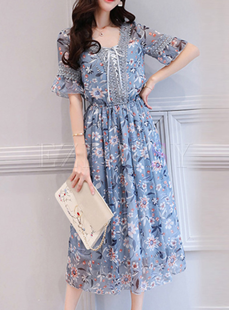 Dresses | Skater Dresses | Blue Gathered Waist Floral Print Chiffon Dress
