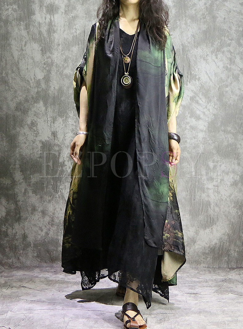 Casual Batwing Sleeve Print Plus Size Coat 