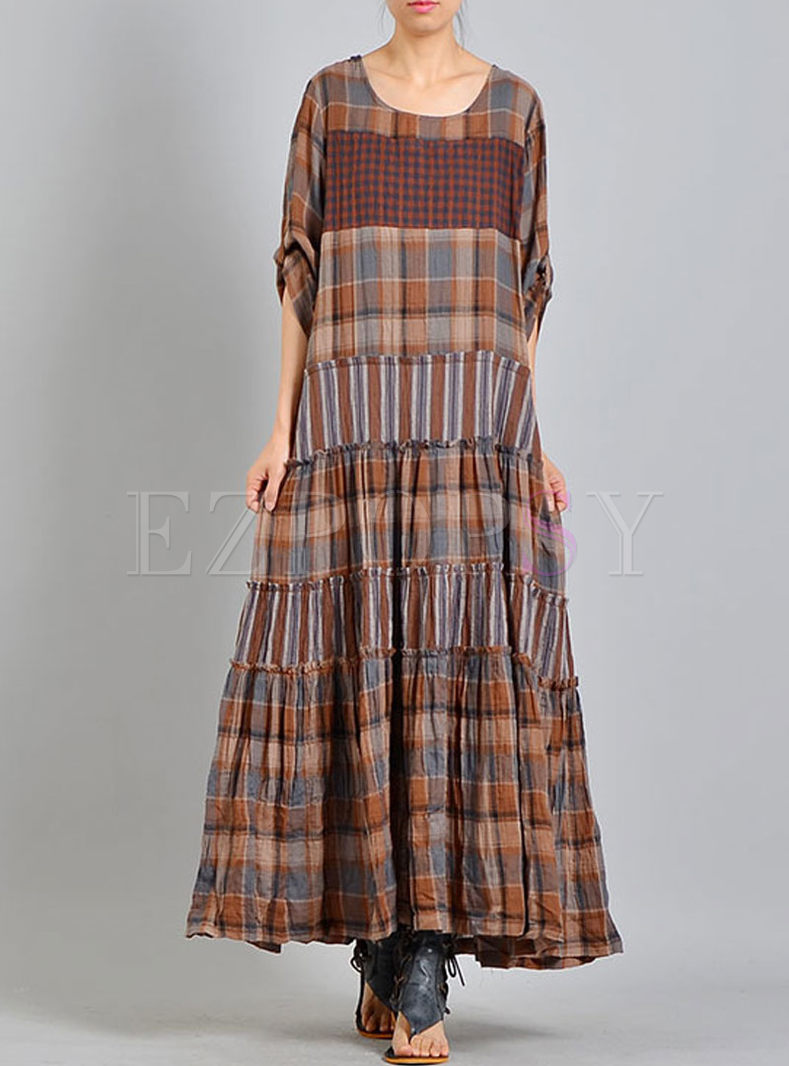 Dresses | Maxi Dresses | Ethnic Plaid Splicing Layered Plus Size Dress