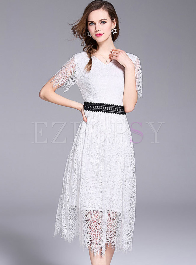 Hollow Out Tassel Lace Skater Dress