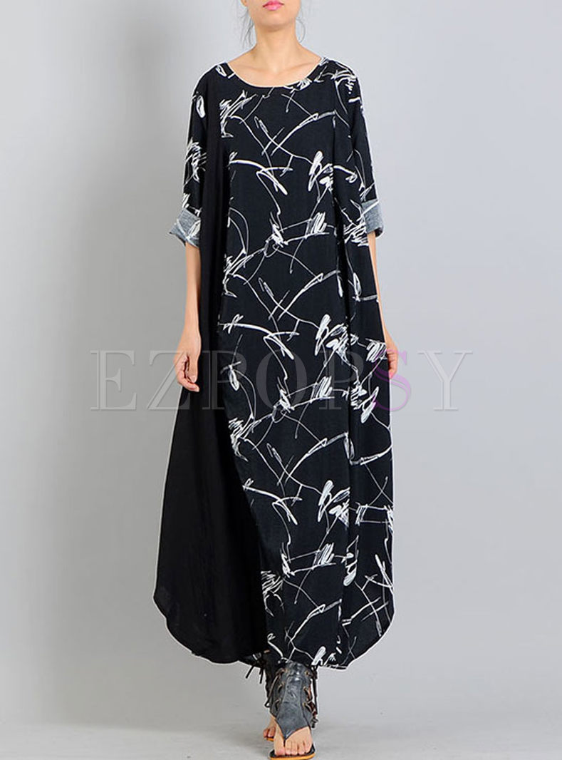Dresses | Maxi Dresses | Black Splicing Print Asymmetric Long Dress