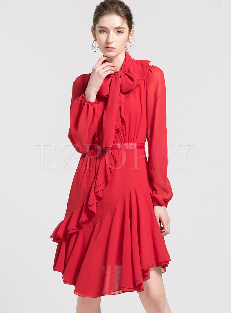 Red Bowknot Tie Lantern Sleeve Asymmetric Dress