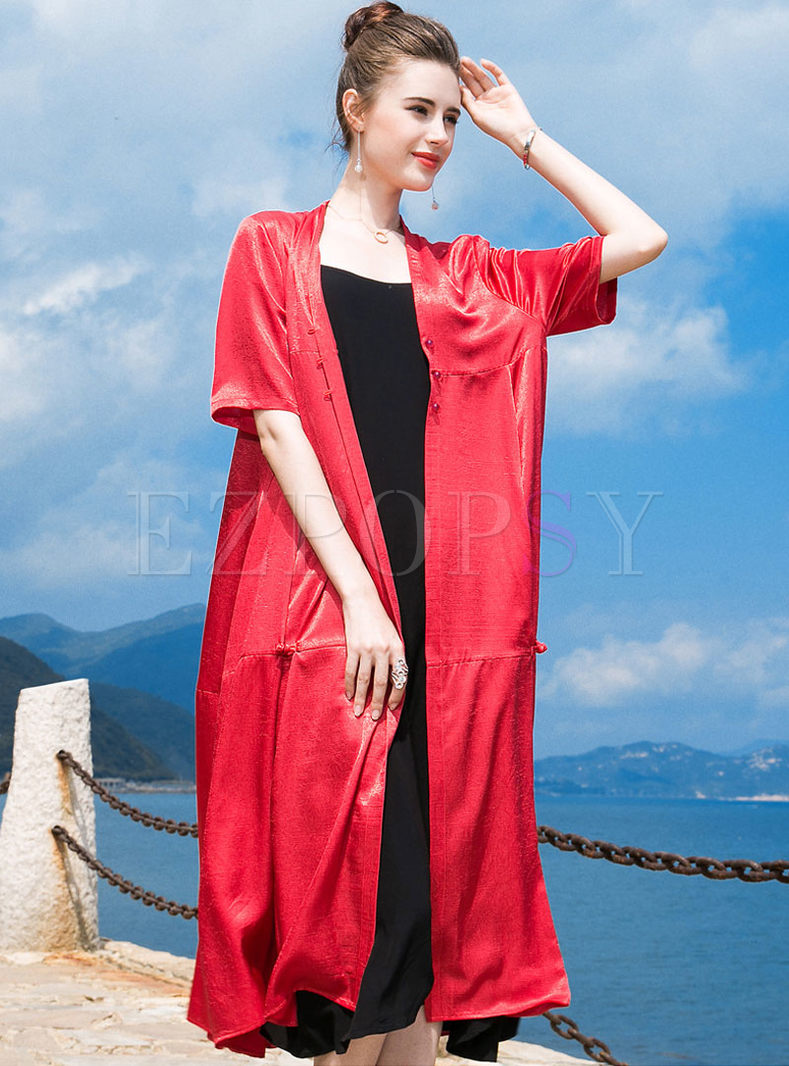 Red Single-breasted Short Sleeve Long Coat 