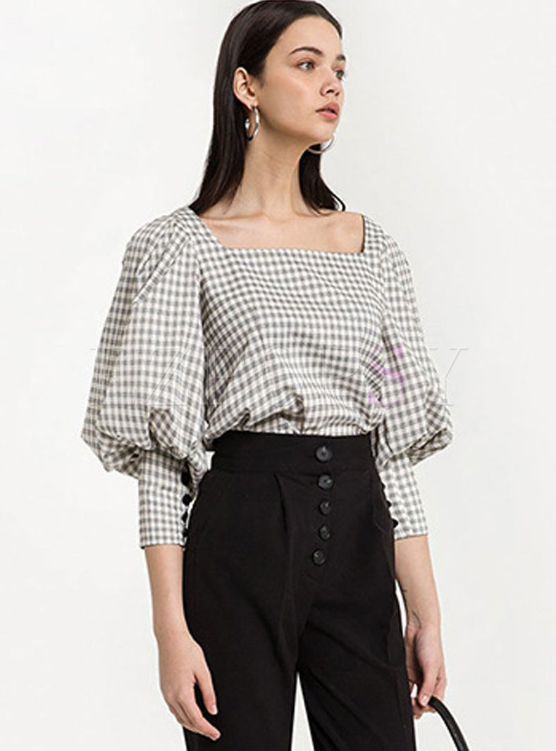 Tops | Blouses | Vintage Square Sleeve Plaid Puff Sleeve Blouse