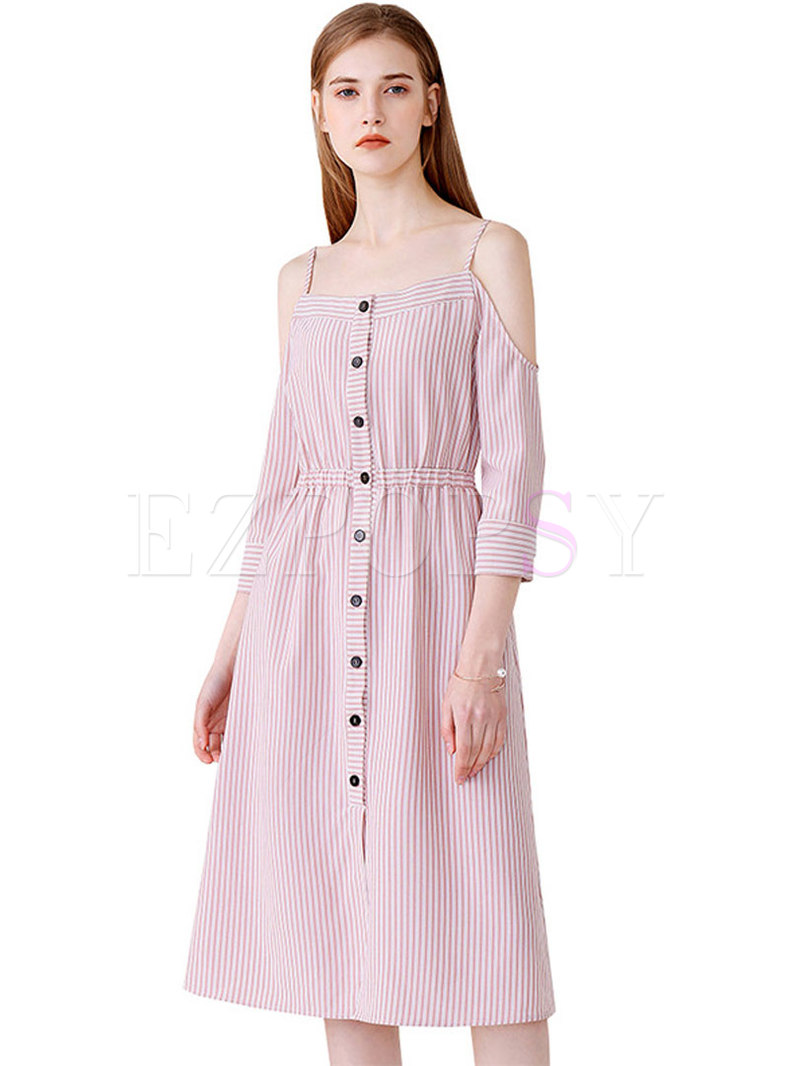 Pink Vertical Striped A Line Midi Dress