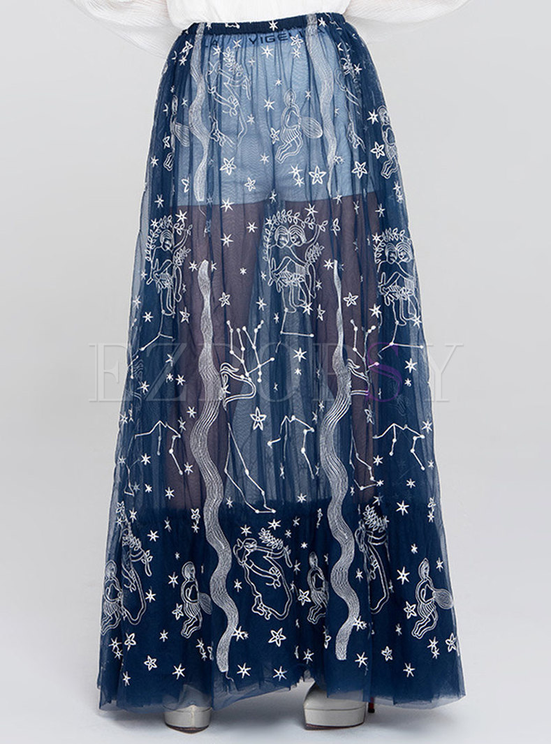 Blue Embroidery Perspective A Line Skirt