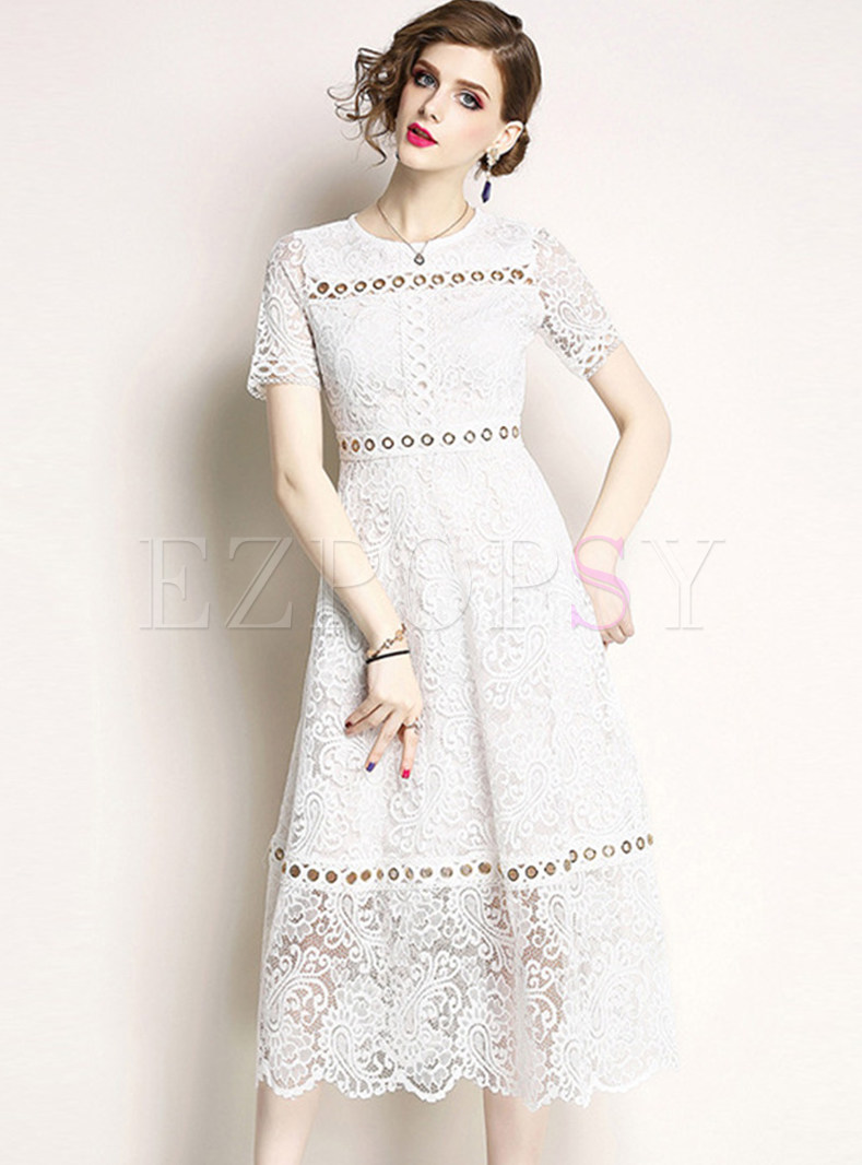 White Fashion Short Sleeve Lace Dress