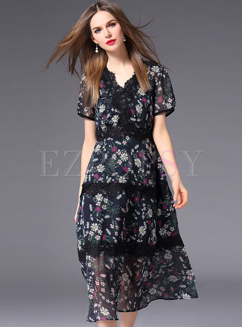 Dresses | Skater Dresses | Lace Stitching Floral Print Chiffon Dress