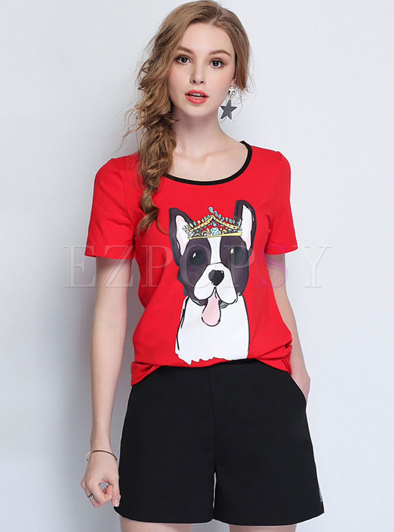 Red Casual Dog Print Plus Size T-Shirt 