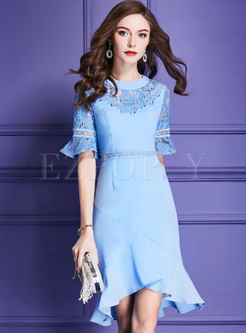Blue Elegant Flare Sleeve Mermaid Dress