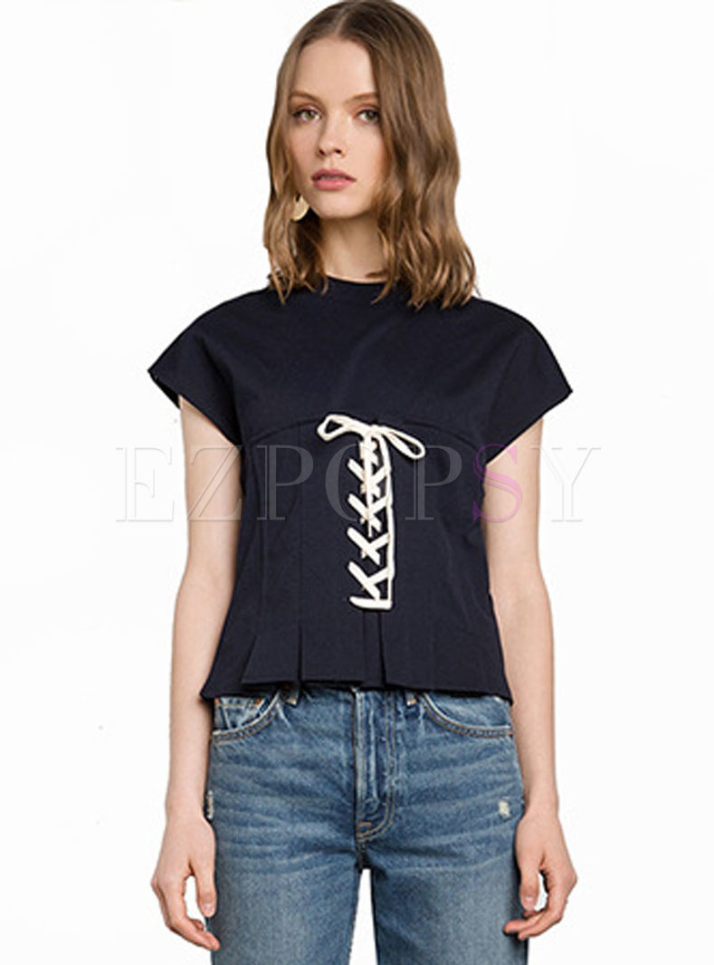 Street Lace-up Bowknot Cotton T-shirt 