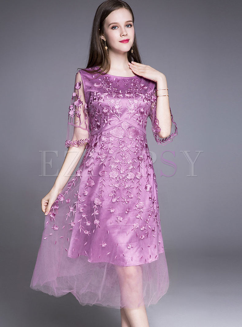 Dresses | Skater Dresses | Purple Sweet Mesh Embroidery Waist Cocktail ...