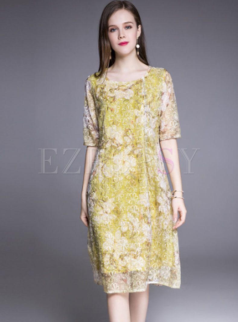Dresses | Shift Dresses | Yellow Chiffon Embroidery See Through Dress