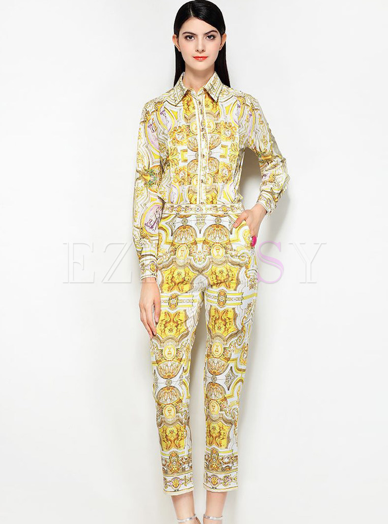 Yellow Fashion Lapel Print Two-piece Outfits
