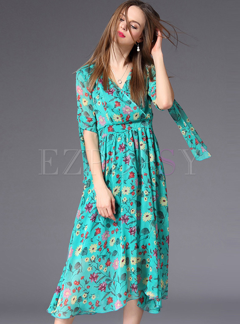 Dresses | Skater Dresses | Green Floral Print The Waist Chiffon Dress