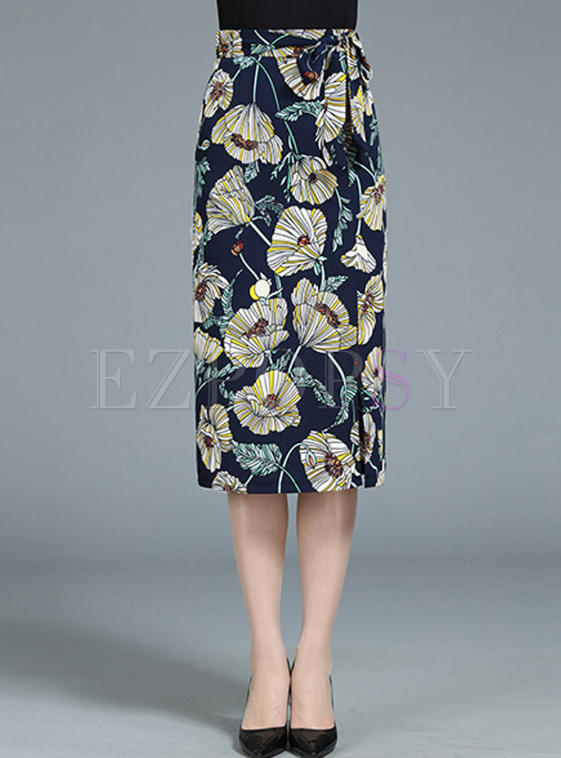 Flower Print Slit Chiffon Bodycon Skirt