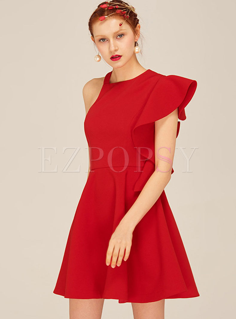 Red Asymmetric Off The Shoulder Backless Formal Dress
