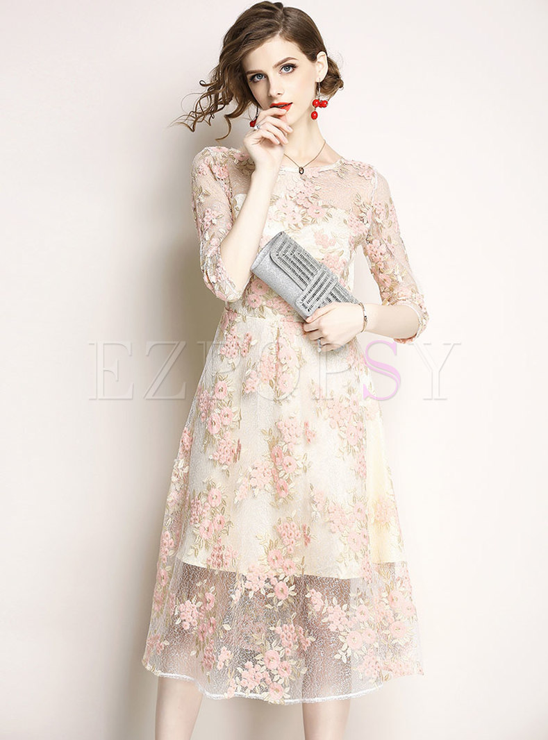 Sweet Floral Embroidery A Line Dress