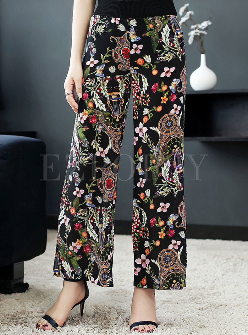 Ethnic Floral Print Loose Silk Pants
