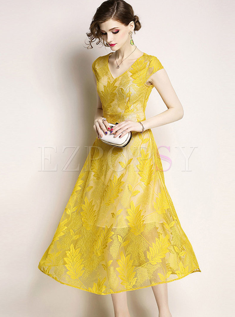 Dresses | Skater Dresses | Elegant Leaf Embroidery Lace V-neck Prom Dress