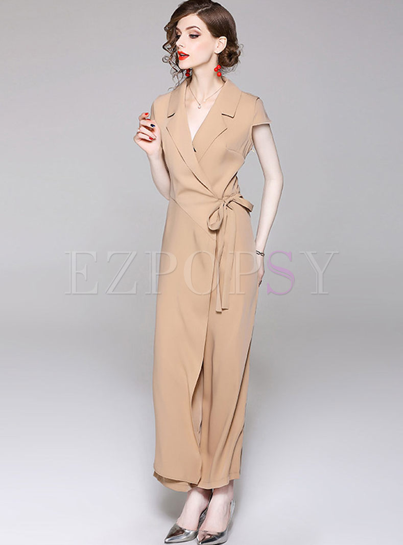 Solid Color Notched Bowknot Work Jumpsuit 