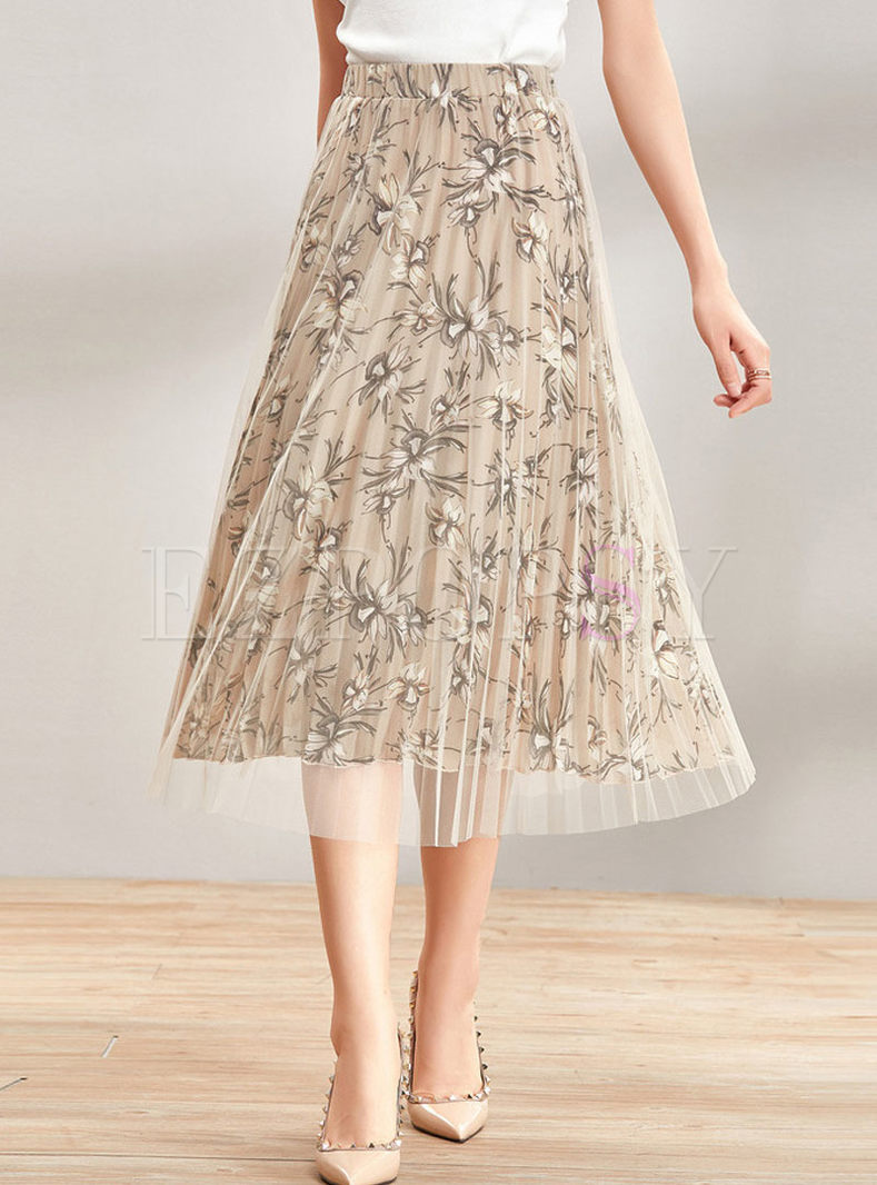 Street Floral Print Ruffle Elastic Waist Skirt