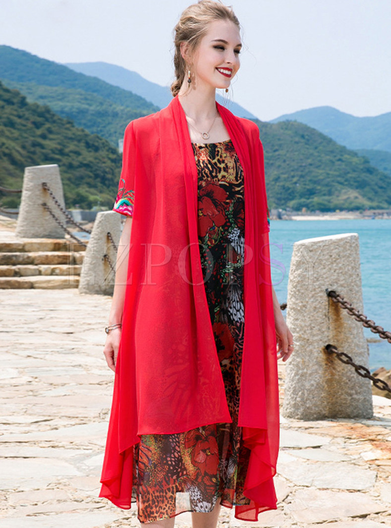 Red Casual Loose Embroidered Coat