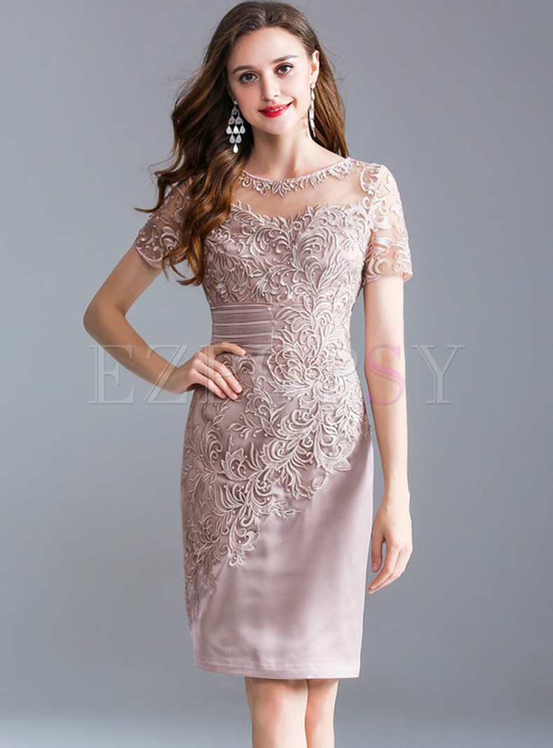 Apricot Perspective Embroidered Sheath Dress