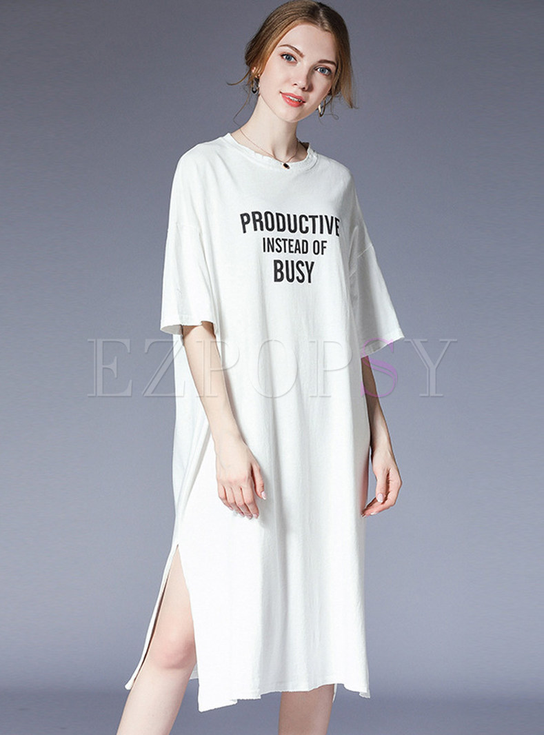 White Slit Loose T-shirt Dress