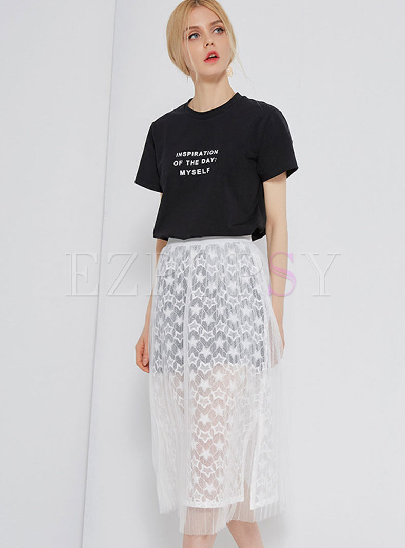 Black Casual T-shirt & White Hollow Out Skirt