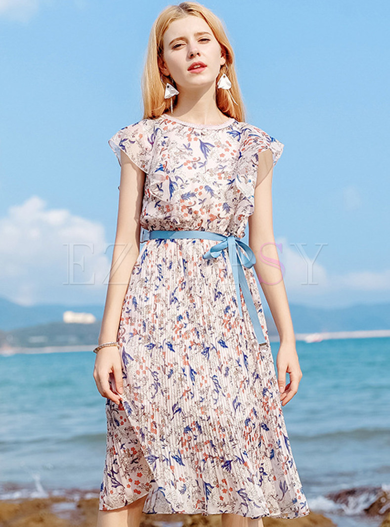Floral Print Belted Midi Dress