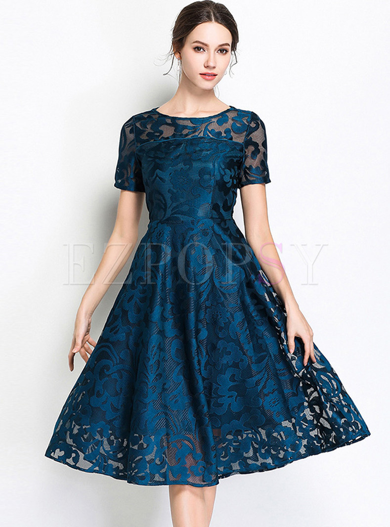 Dresses | Skater Dresses | Deep Blue Embroidered Big Hem A Line Dress