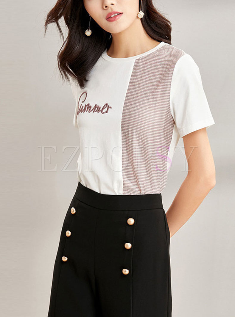 Casual Knitted Letter Embroidery Striped T-shirt 