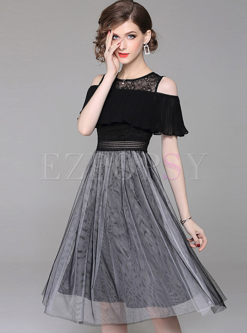 Black Lace Gauze Stitching Ruffle A Line Dress