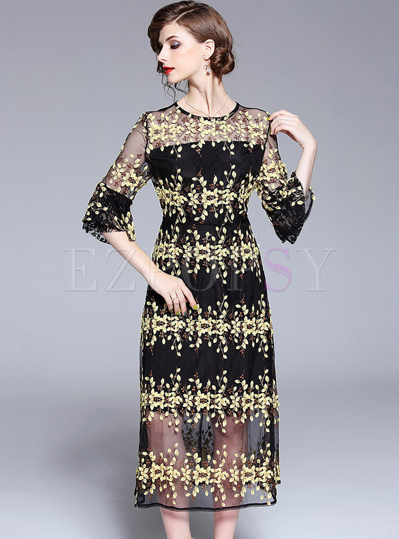 Lace Splicing Mesh Embroidery Party Dress