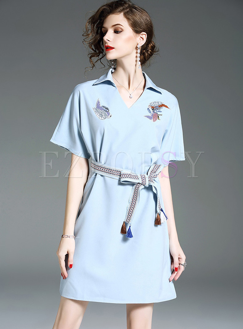 Blue Embroidery Batwing Sleeve Skater Dress