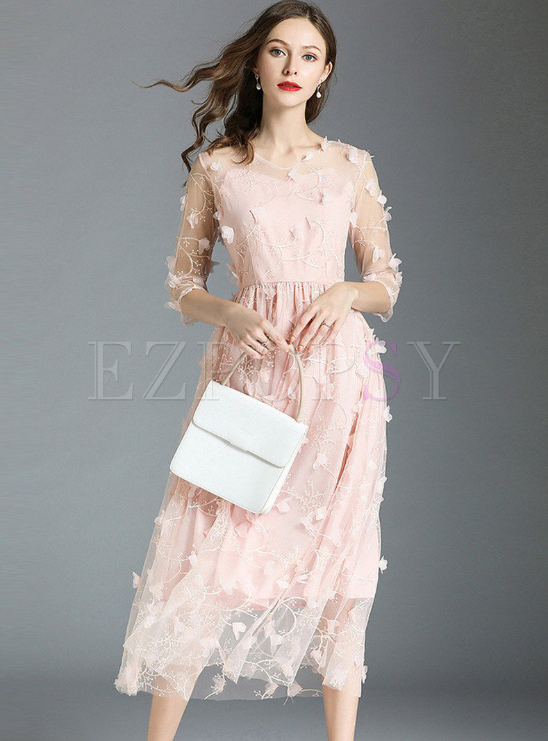 Pink Stereoscopic Flower Embroidery Chiffon Dress