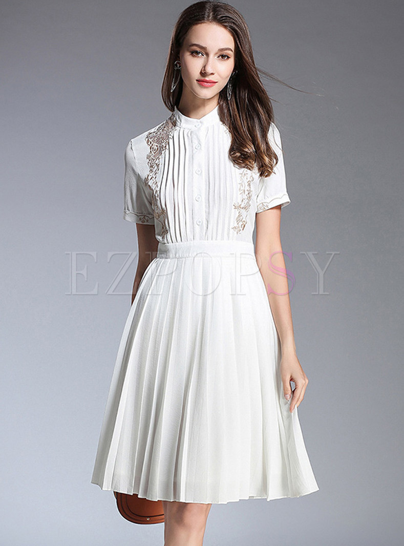White Stand Collar Embroidery A Line Dress