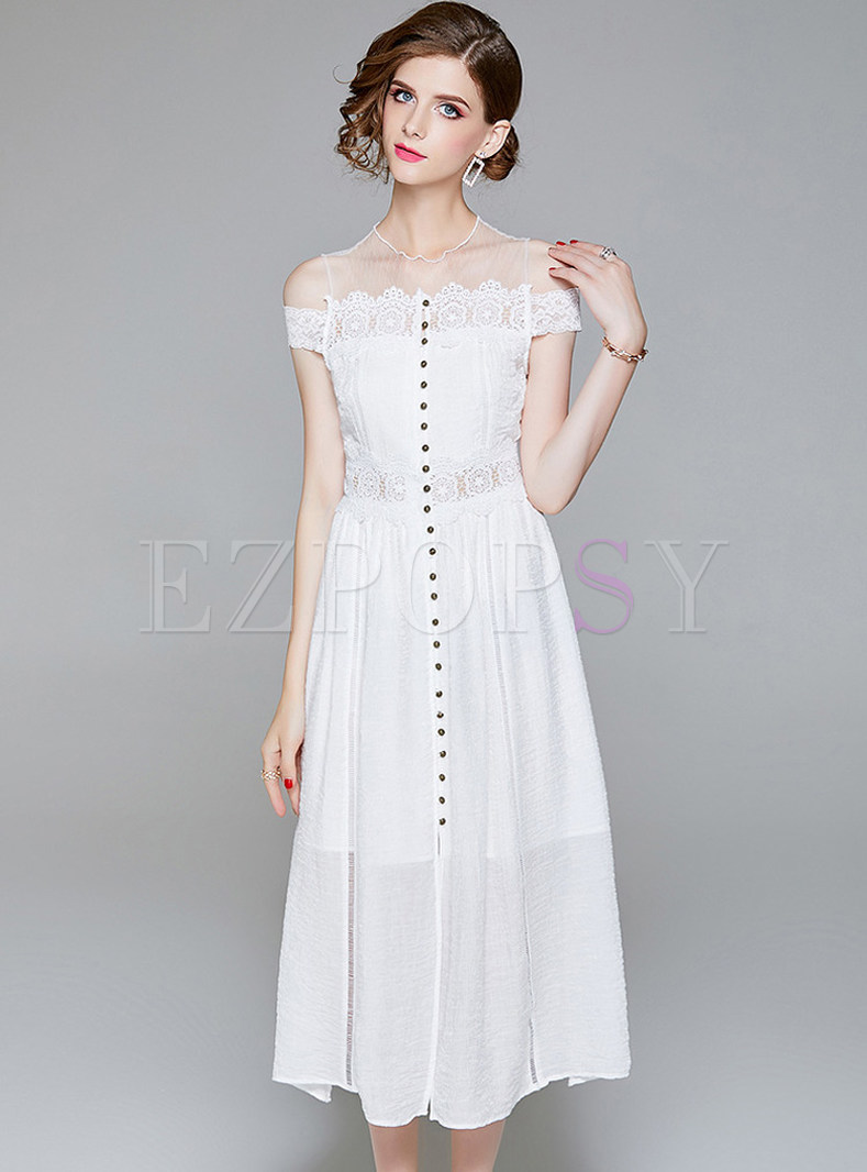 White Hollow Out Neck Skater Dress