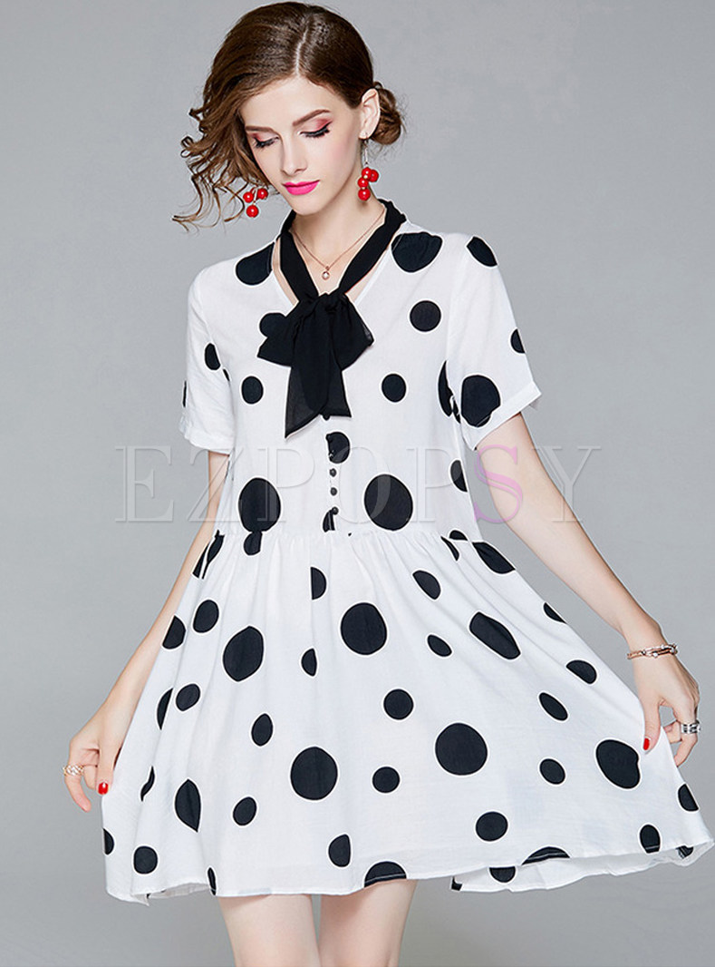 White Cute Dot Print A Line Dress