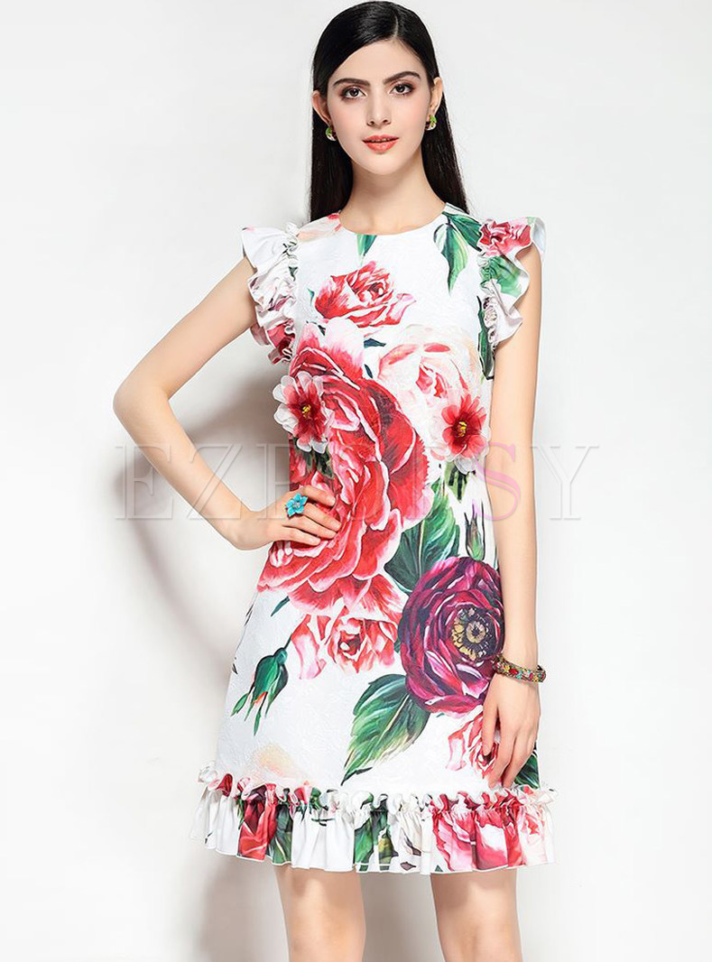 Chic Flower Print Sleeveless A Line Dress