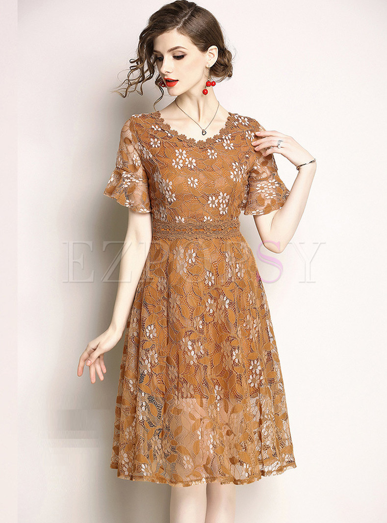 Caramel Hollow Out Short Sleeve Lace Dress