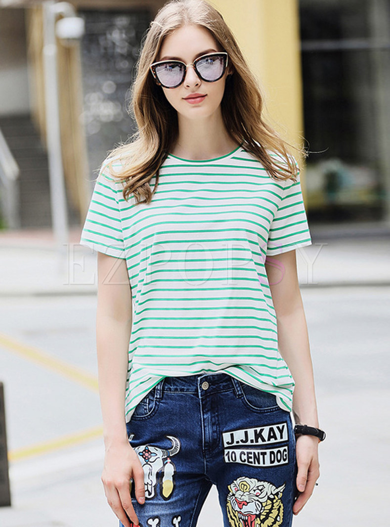 Green Striped Round Neck T-shirt